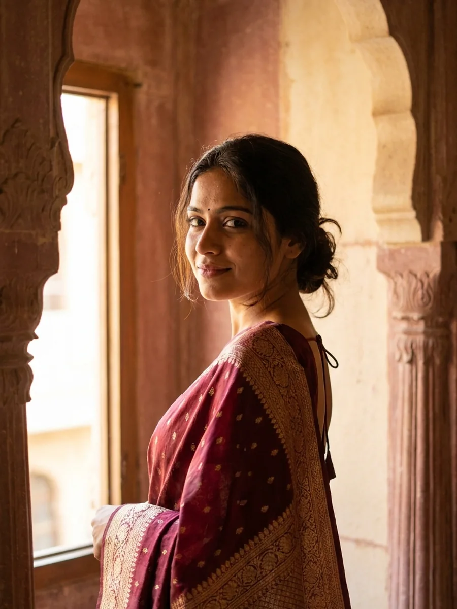 Maroon Banarasi saree, glancing over the shoulder in a sunlit haveli archway