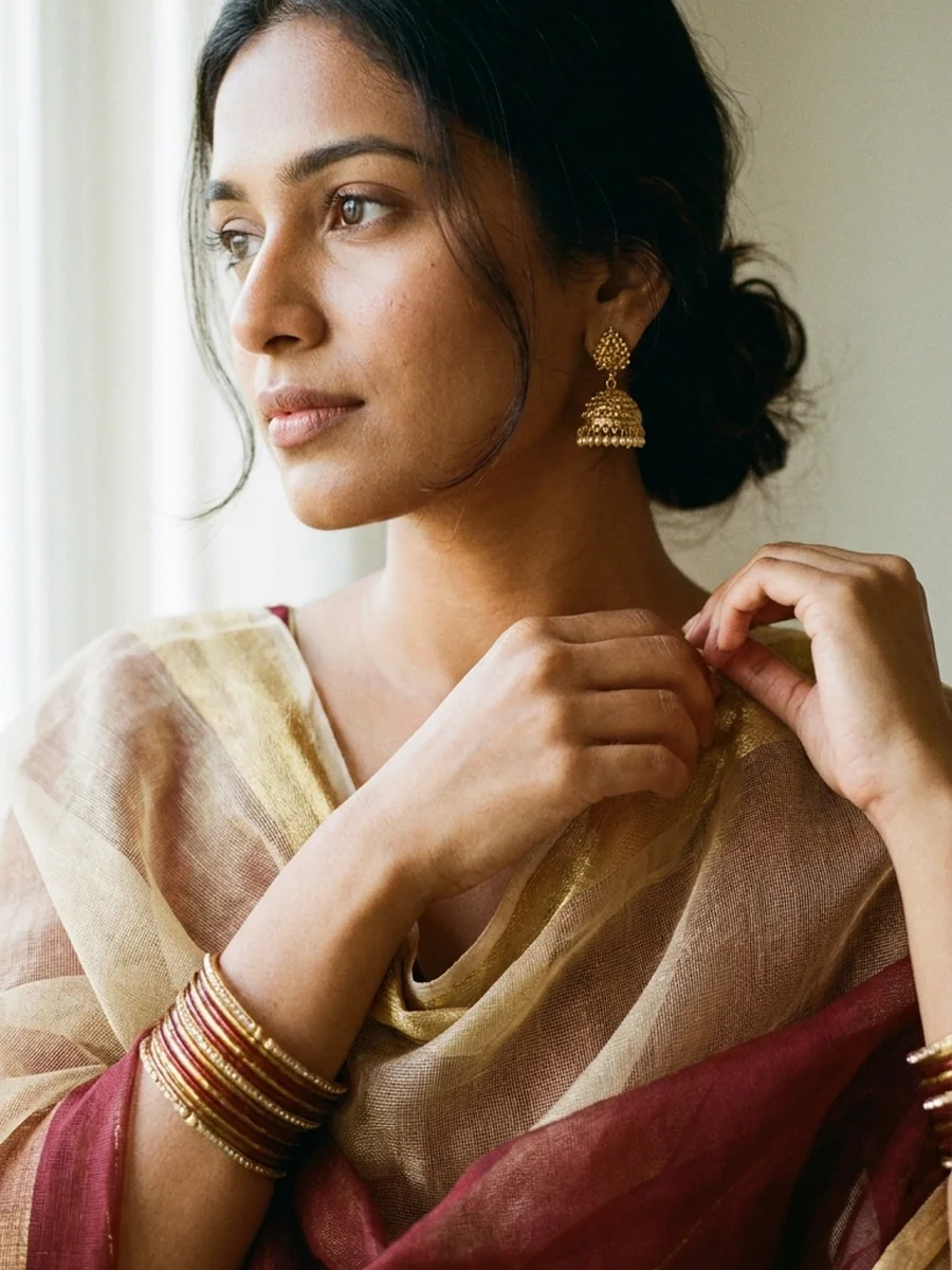 Adjusting a gold zari dupatta — jhumkas and glass bangles