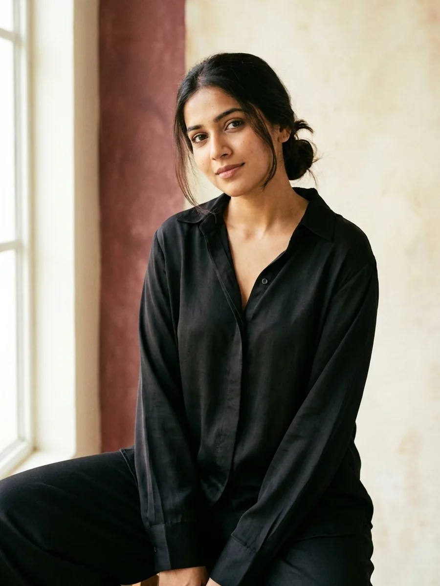 Black cotton-satin co-ord set in a minimal studio
