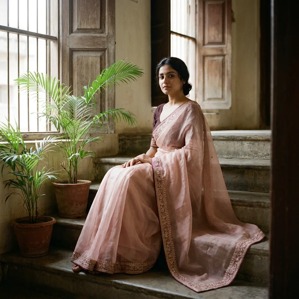 Seated on haveli steps in a blush organza saree