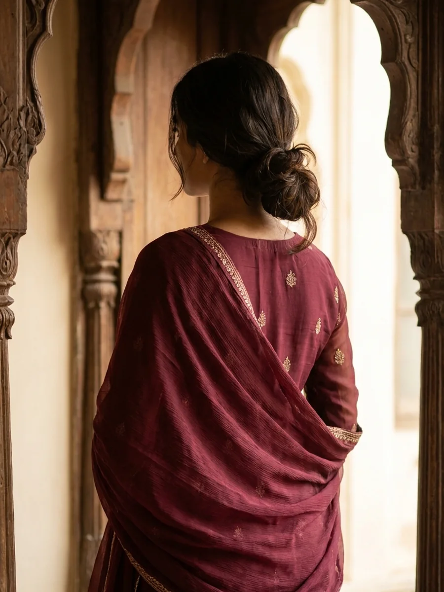 Back view of a wine embroidered georgette kurta set in a carved doorway