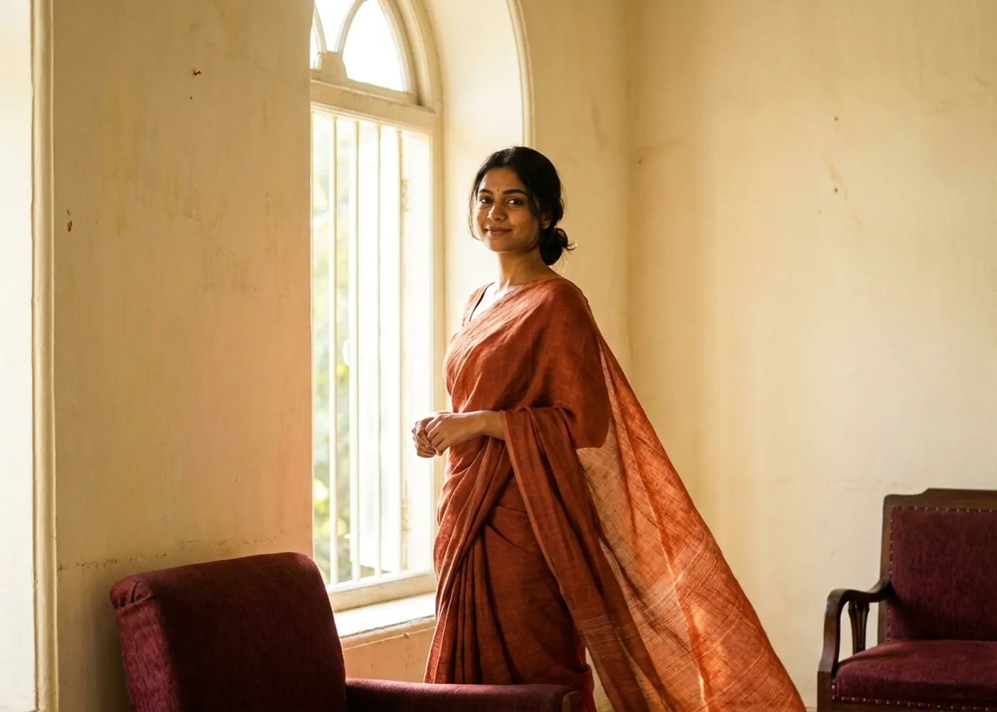 Draping a handwoven linen saree by a tall sunlit window