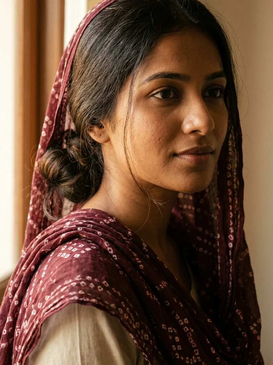 Maroon bandhani dupatta drawn softly over the head
