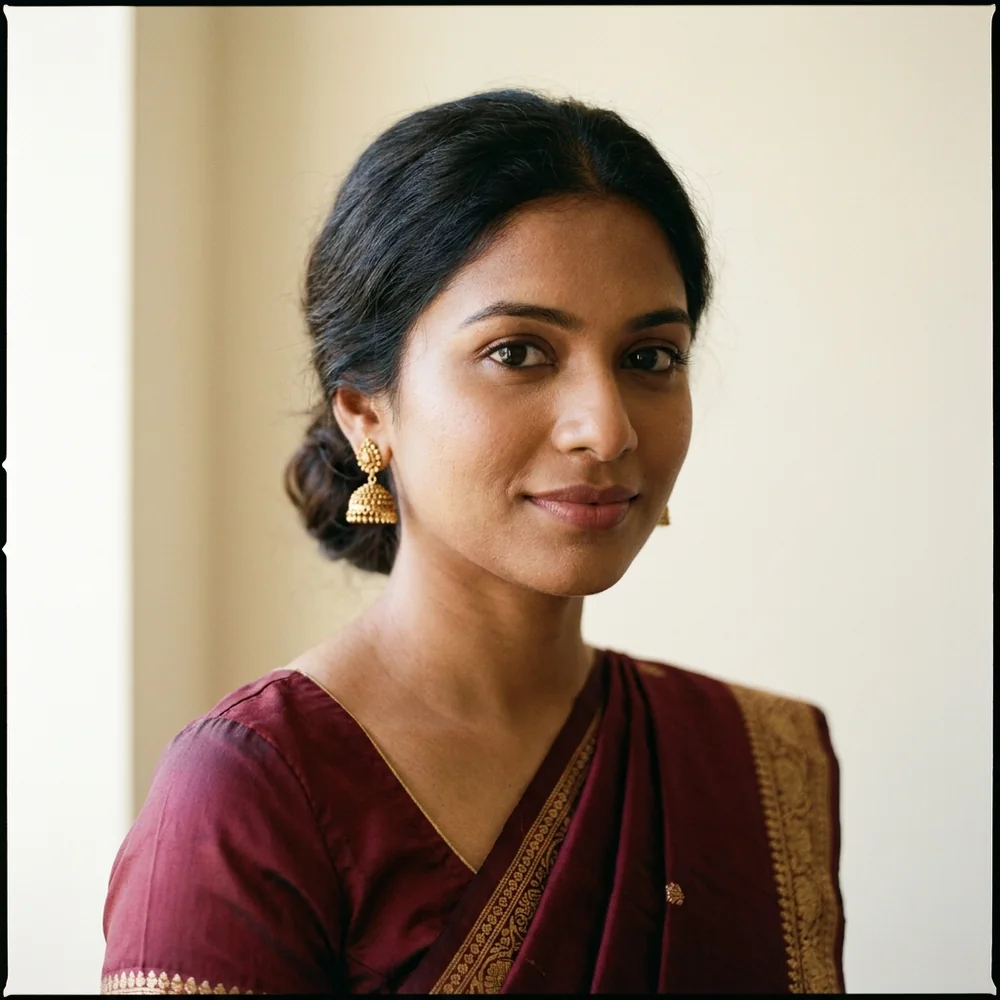 Portrait with gold jhumka earrings and a maroon silk drape